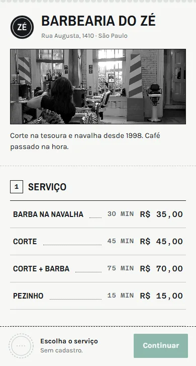 Vitrine de exemplo da Barbearia do Zé no modelo Balcão, com serviços e preços