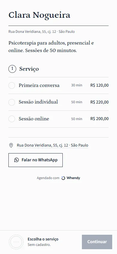 Vitrine de exemplo de um consultório no modelo Consultório, sóbria, com as sessões