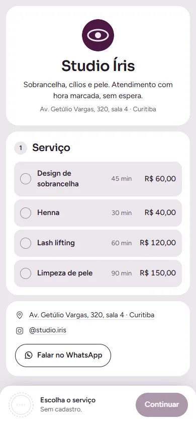 Vitrine de exemplo do Studio Íris no modelo Recepção, com serviços de estética